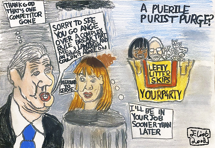 Drawing of Angela Rayner in the bin with Keir Starmer looking on expressing regret. In the background is a skip with Jeremy Corbyn and Diane Abbott in it. The skip reads Lefty Litter Skips with serial number Y0URP4RTY
