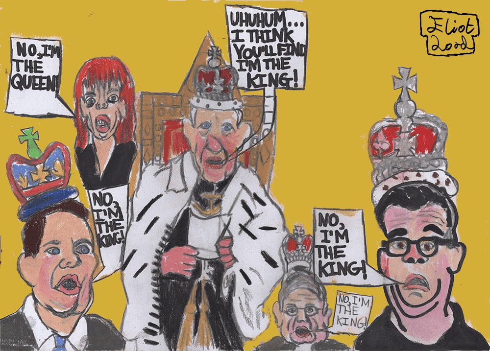 A cartoon of the King and Queen delivering the Government's new King's Speech, with other politicians clamouring that they're actually the real king and queen
