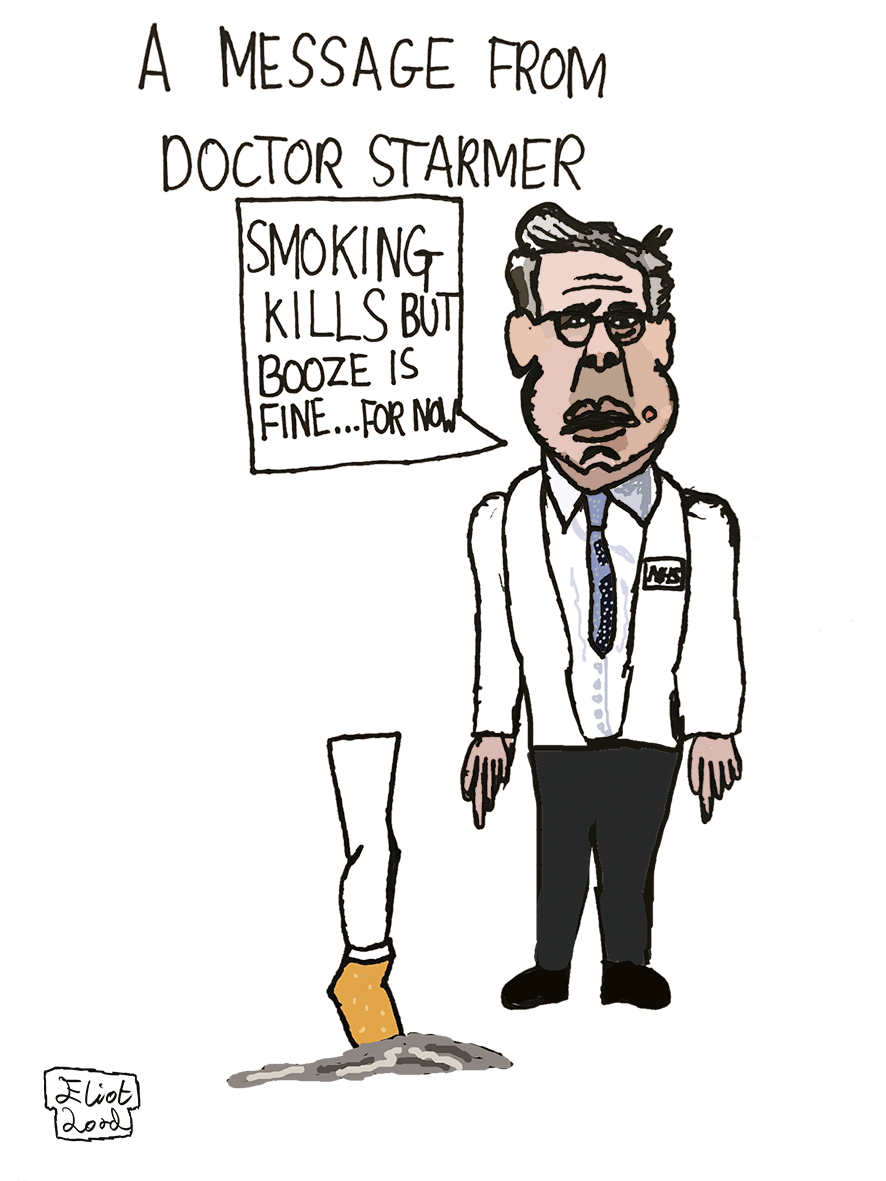 Keir Starmer dressed as a doctor prescribing the patient to not smoke whilst saying 'Smoking kills but booze is fine for now'. 