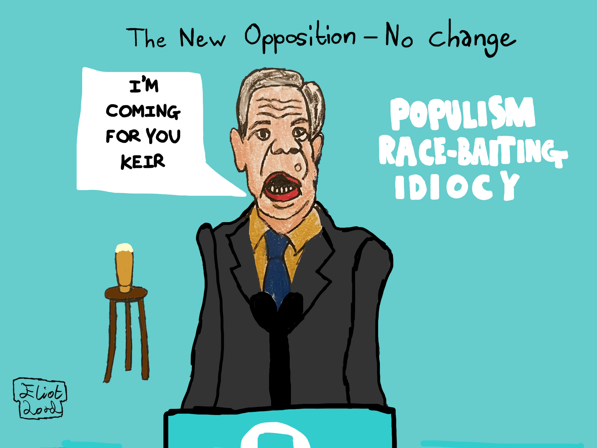 Nigel Farage spouting nonsense about change at a podium with a pint of bitter by his side