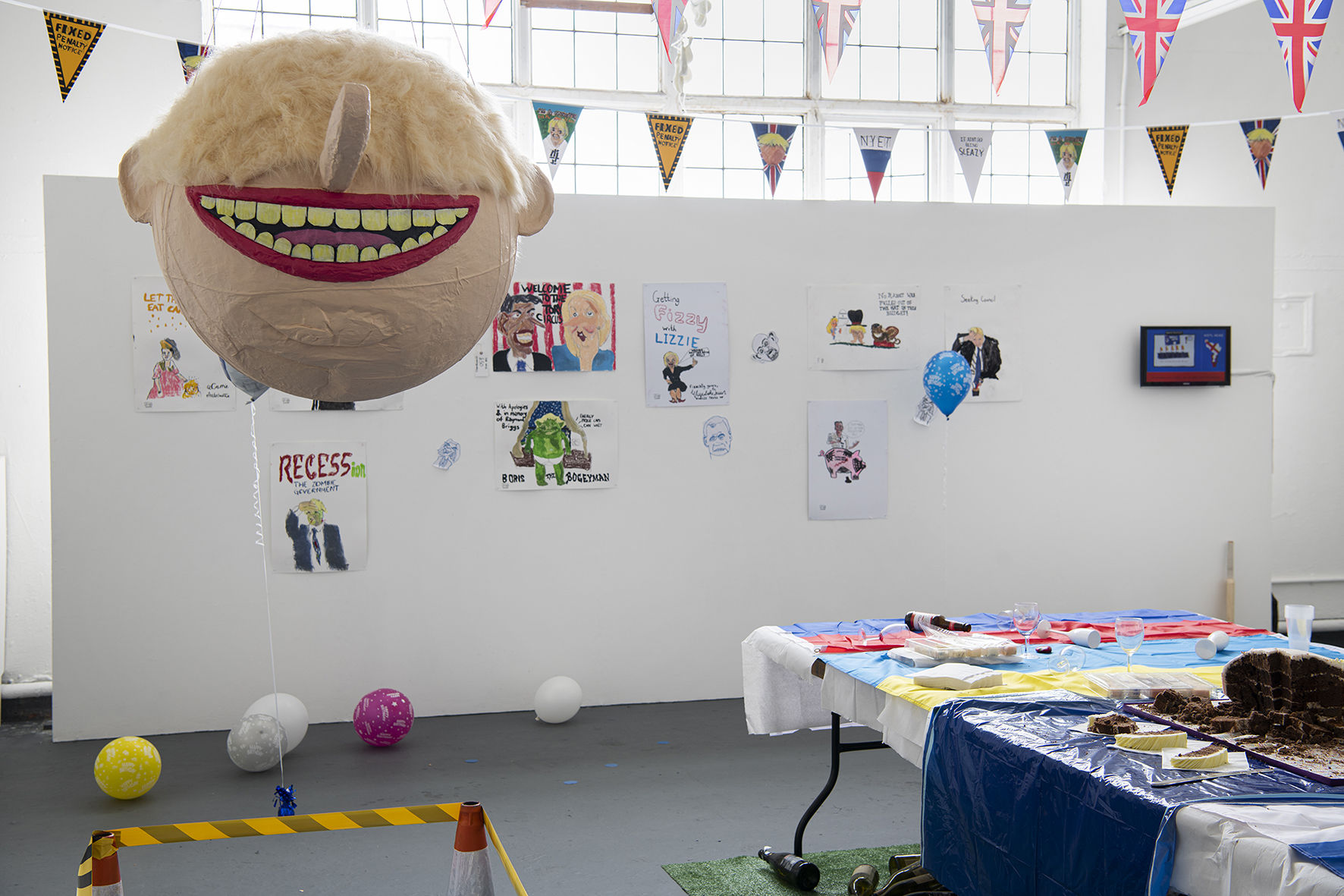 A piñata of Boris Johnson in the style of a Ben Jennings' illustration with a Pinocchio nose